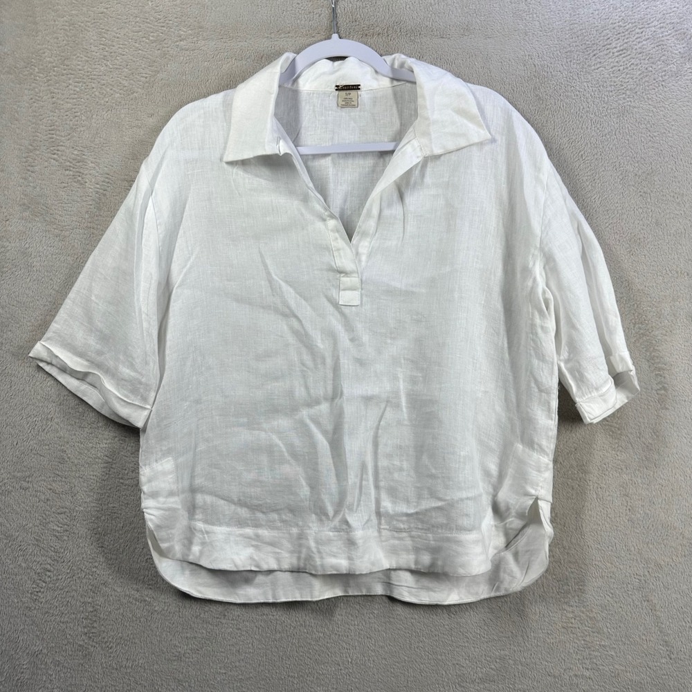 Magaschoni Linen Blouse Womens S White Short Sleeve Split Neck Top Coastal